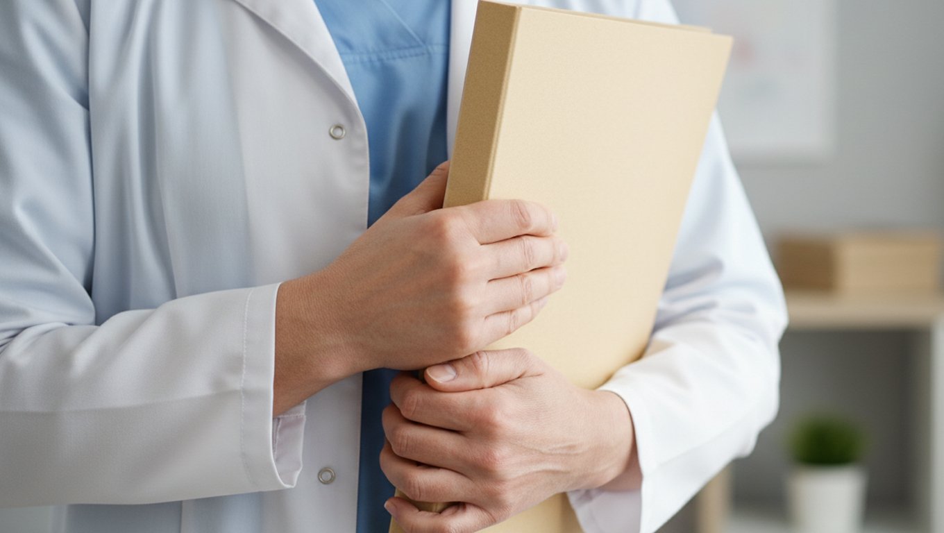 Команда профессионалов Врач держит в руках папку с документами